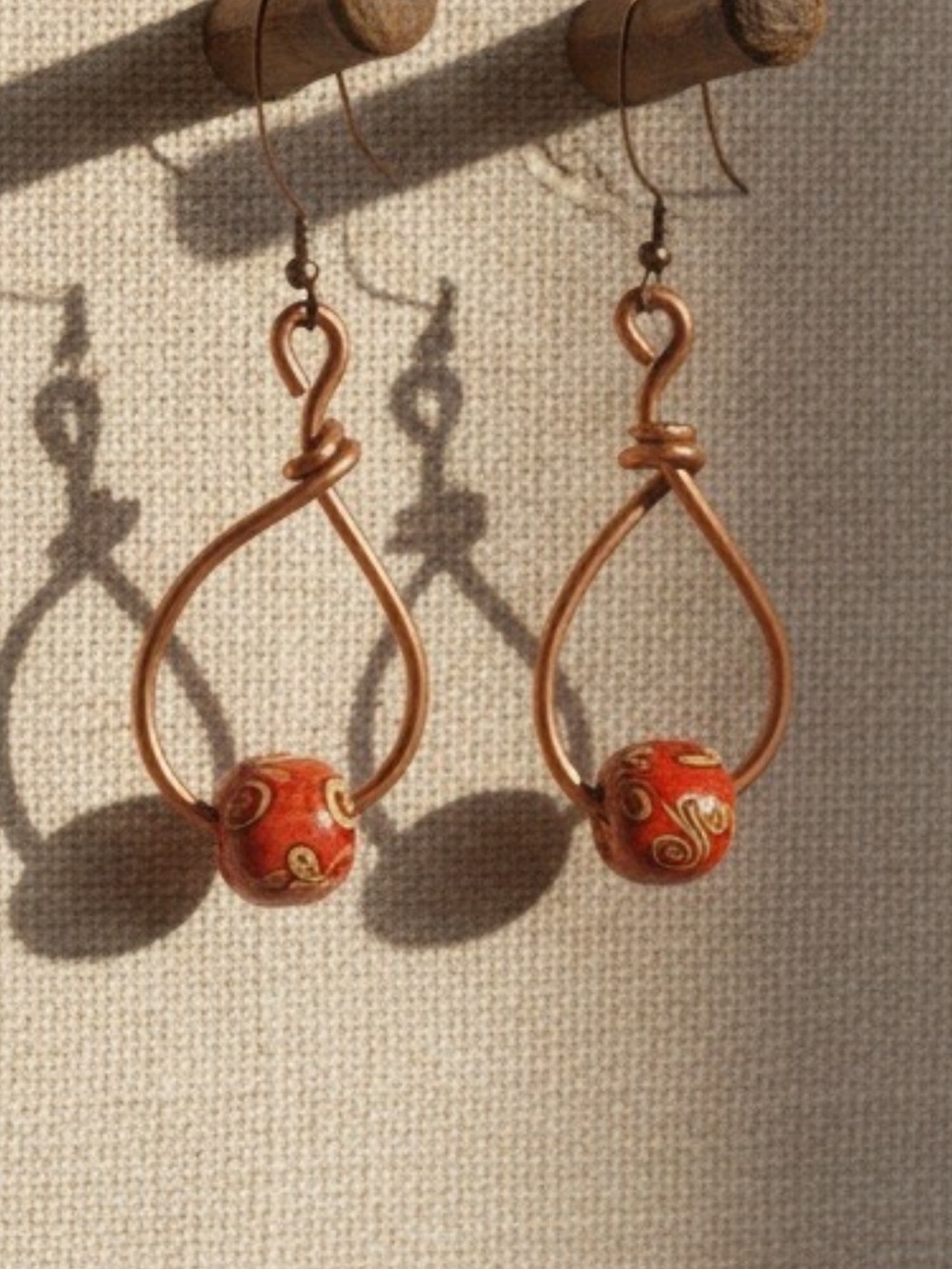 One Of A Kind Handcrafted Pure Copper & Wood Bead Healing Earrings Jewelry 2”
